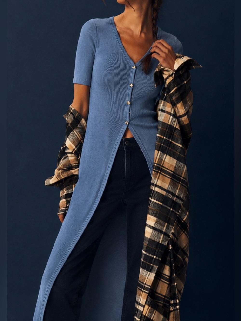 T.La Denim  Rib Duster Cardigan